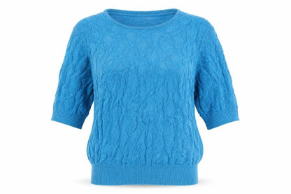 Front view of Jaeger Women’s Blue Silk Cotton Cable Knit Short Sleeve Jumper M