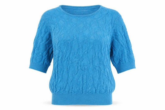 Front view of Jaeger Women’s Blue Silk Cotton Cable Knit Short Sleeve Jumper M
