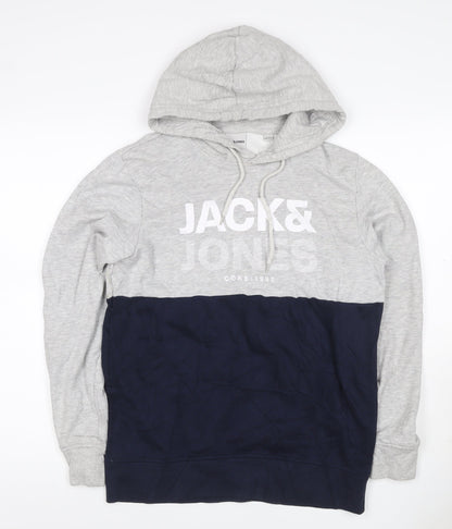 Jack & Jones Men's Grey Navy S Pullover Hoodie Graphic Logo Drawstring