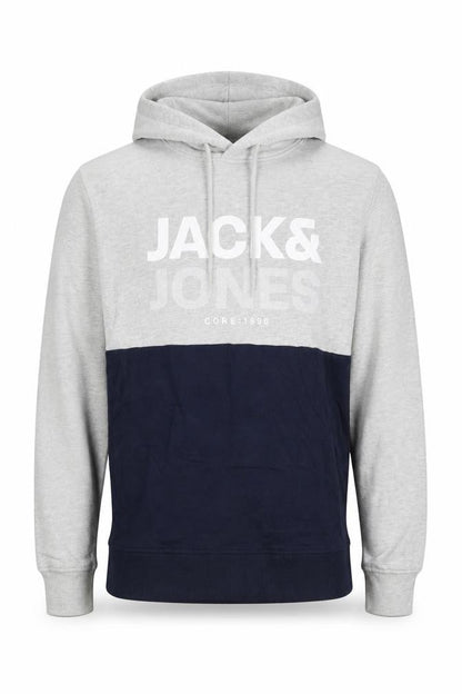 Jack & Jones Men's Grey Navy S Pullover Hoodie Graphic Logo Drawstring