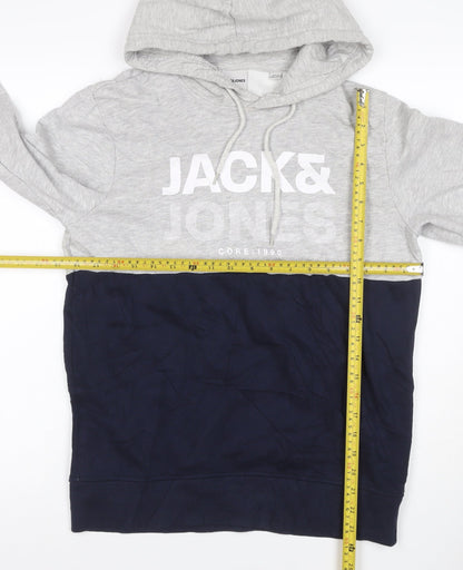 Jack & Jones Men's Grey Navy S Pullover Hoodie Graphic Logo Drawstring