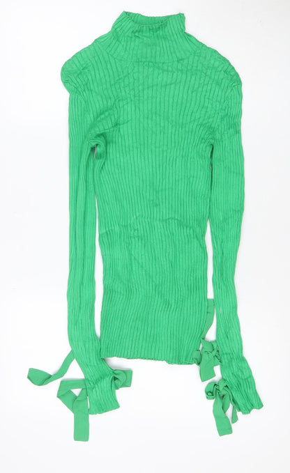 H&M Women Green UK 8 Ribbed Roll Neck Tie Cuff Slim Knit Jumper