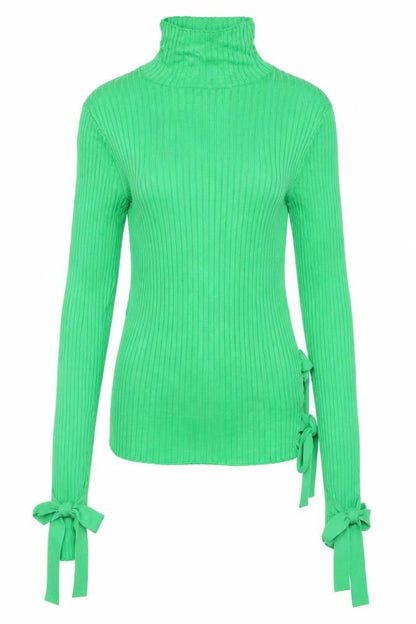 H&M Women Green UK 8 Ribbed Roll Neck Tie Cuff Slim Knit Jumper