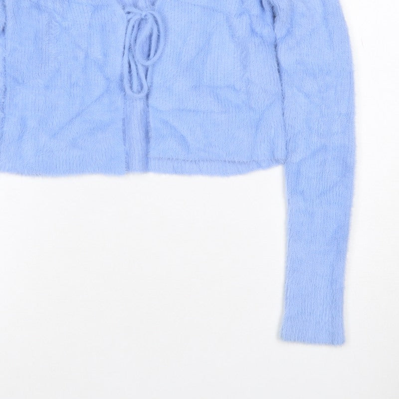 Bershka Women’s Blue M Cable-Knit Tie Front Wrap Cardigan