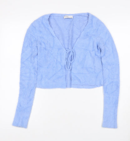 Bershka Women’s Blue M Cable-Knit Tie Front Wrap Cardigan