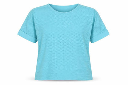 Front view of Jaeger Women Blue L Cotton Broderie Anglaise Short Sleeve T-Shirt