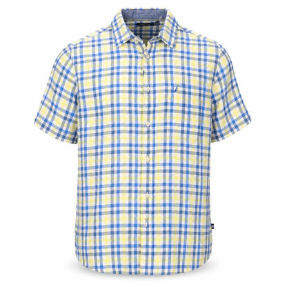 Nautica Men’s XL Blue Yellow Check Linen Cotton Button-Down Shirt