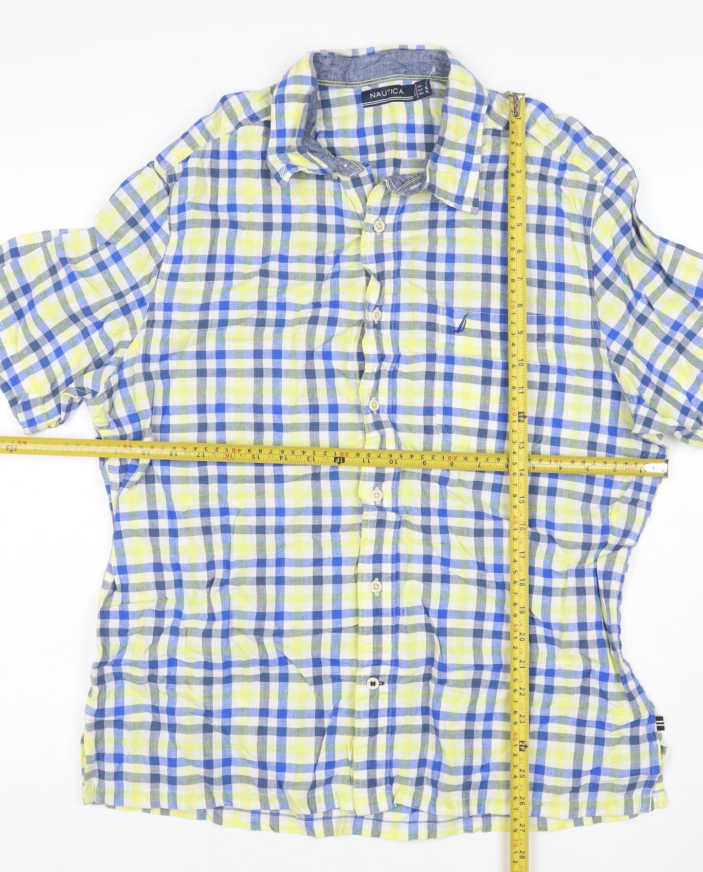 Nautica Men’s XL Blue Yellow Check Linen Cotton Button-Down Shirt