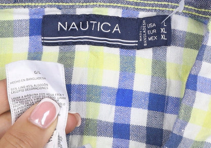 Nautica Men’s XL Blue Yellow Check Linen Cotton Button-Down Shirt