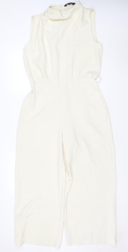 Zara Women Ivory UK 12 Sleeveless Wide-Leg Stretch Jumpsuit