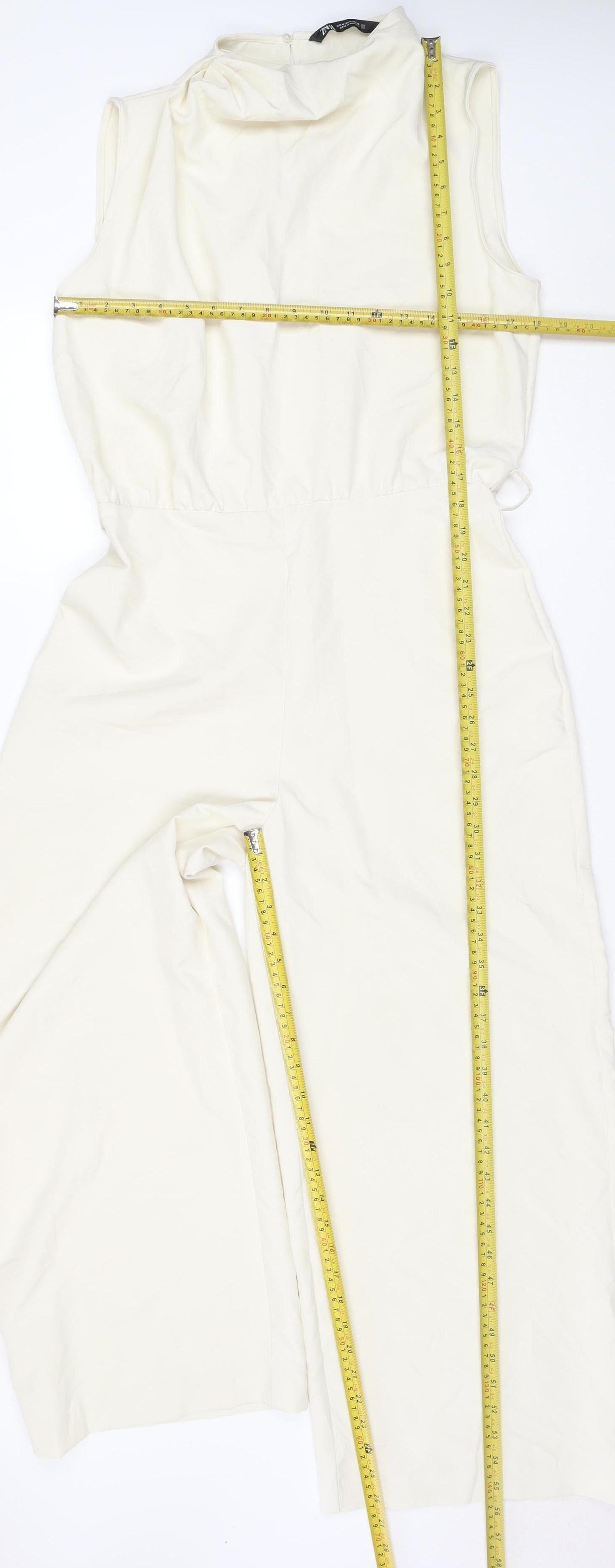 Zara Women Ivory UK 12 Sleeveless Wide-Leg Stretch Jumpsuit