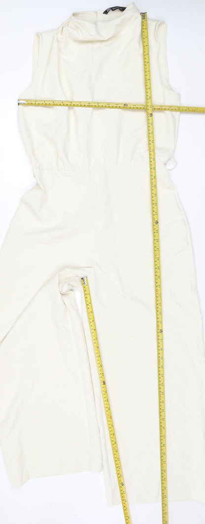 Zara Women Ivory UK 12 Sleeveless Wide-Leg Stretch Jumpsuit