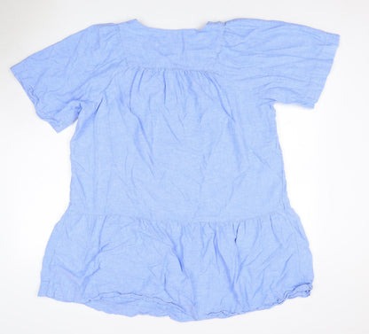Marks and Spencer Women Blue Linen Blend Size 16 A-Line Ruffle Dress