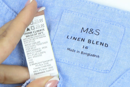 Marks and Spencer Women Blue Linen Blend Size 16 A-Line Ruffle Dress