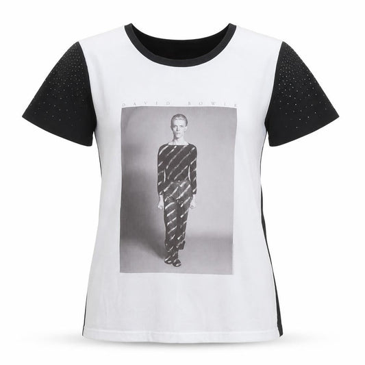 Silvian Heach Women White Black S David Bowie Rhinestone Ringer T-Shirt