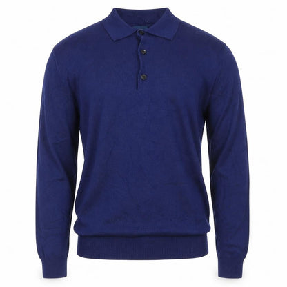 Moss 1851 Men’s Blue Small Merino Wool Collared Henley Jumper