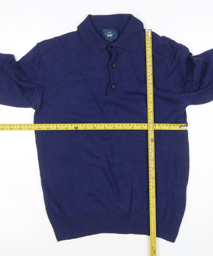 Moss 1851 Men’s Blue Small Merino Wool Collared Henley Jumper