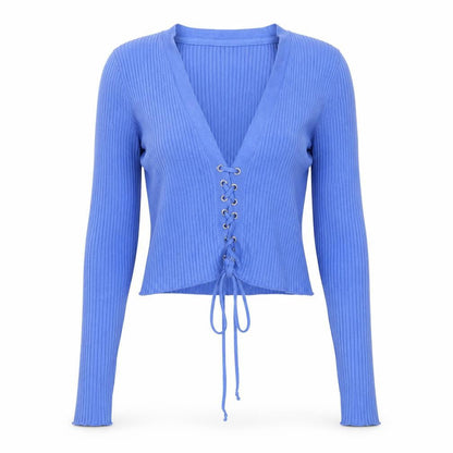 Urban Outfitters Women Blue M Ribbed Lace-Up V-Neck Cardigan