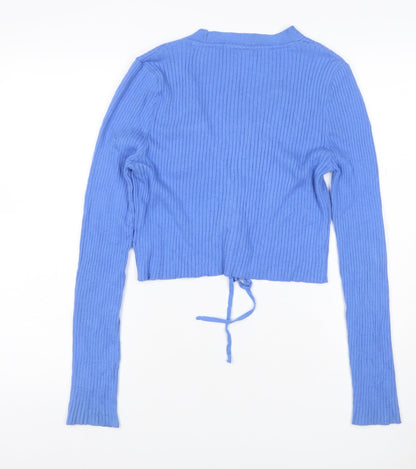 Urban Outfitters Women Blue M Ribbed Lace-Up V-Neck Cardigan