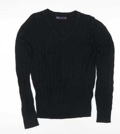 Marks and Spencer Women's Black S V-Neck Ribbed Knit Pullover Jumper