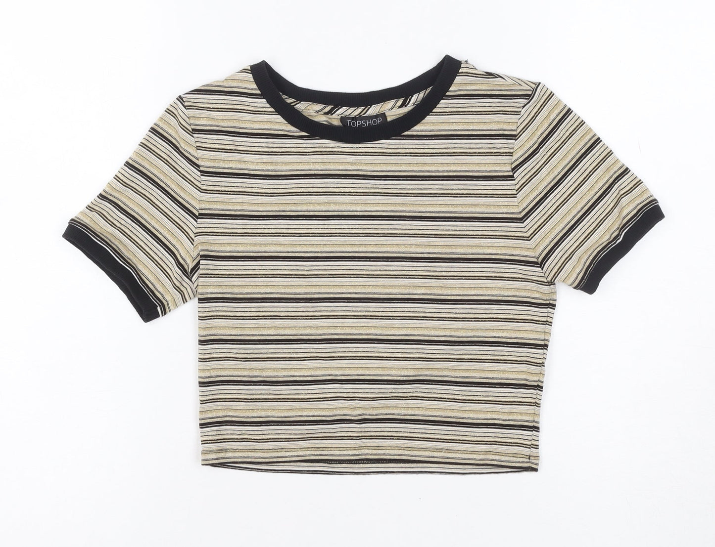 Topshop Women Gold Black Stripe Jersey T-Shirt UK 6 Short Sleeve