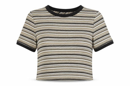 Topshop Women Gold Black Stripe Jersey T-Shirt UK 6 Short Sleeve