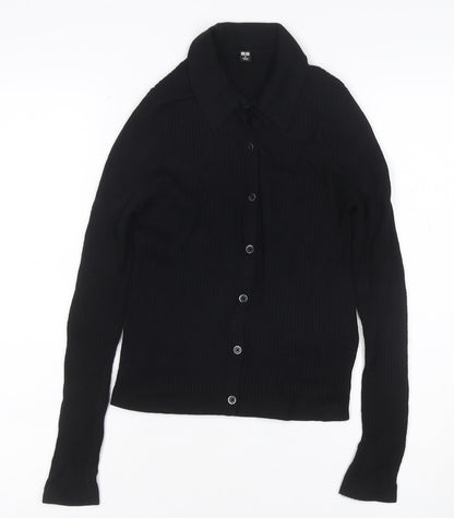 UNIQLO Women Black S 100% Wool Rib Knit Collared Button Cardigan