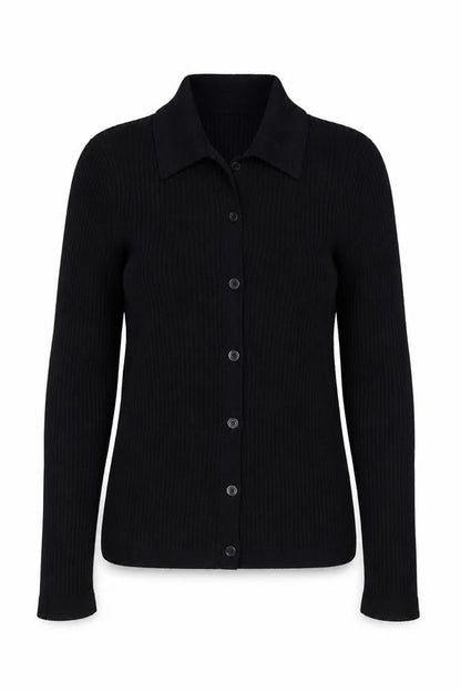 UNIQLO Women Black S 100% Wool Rib Knit Collared Button Cardigan