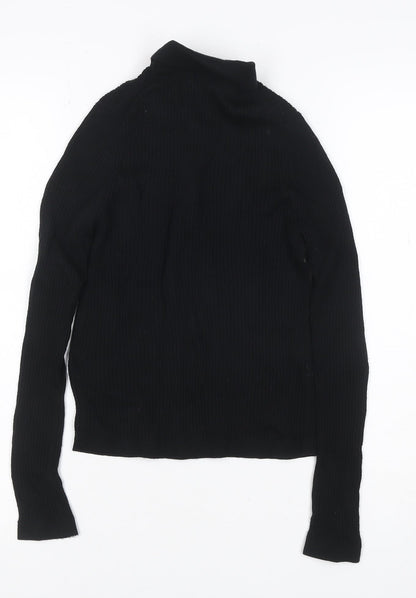 UNIQLO Women Black S 100% Wool Rib Knit Collared Button Cardigan