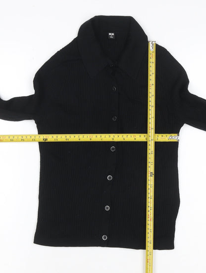 UNIQLO Women Black S 100% Wool Rib Knit Collared Button Cardigan