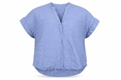 Marks and Spencer Womens Blue Linen Size 14 Short Sleeve Collared Blouse