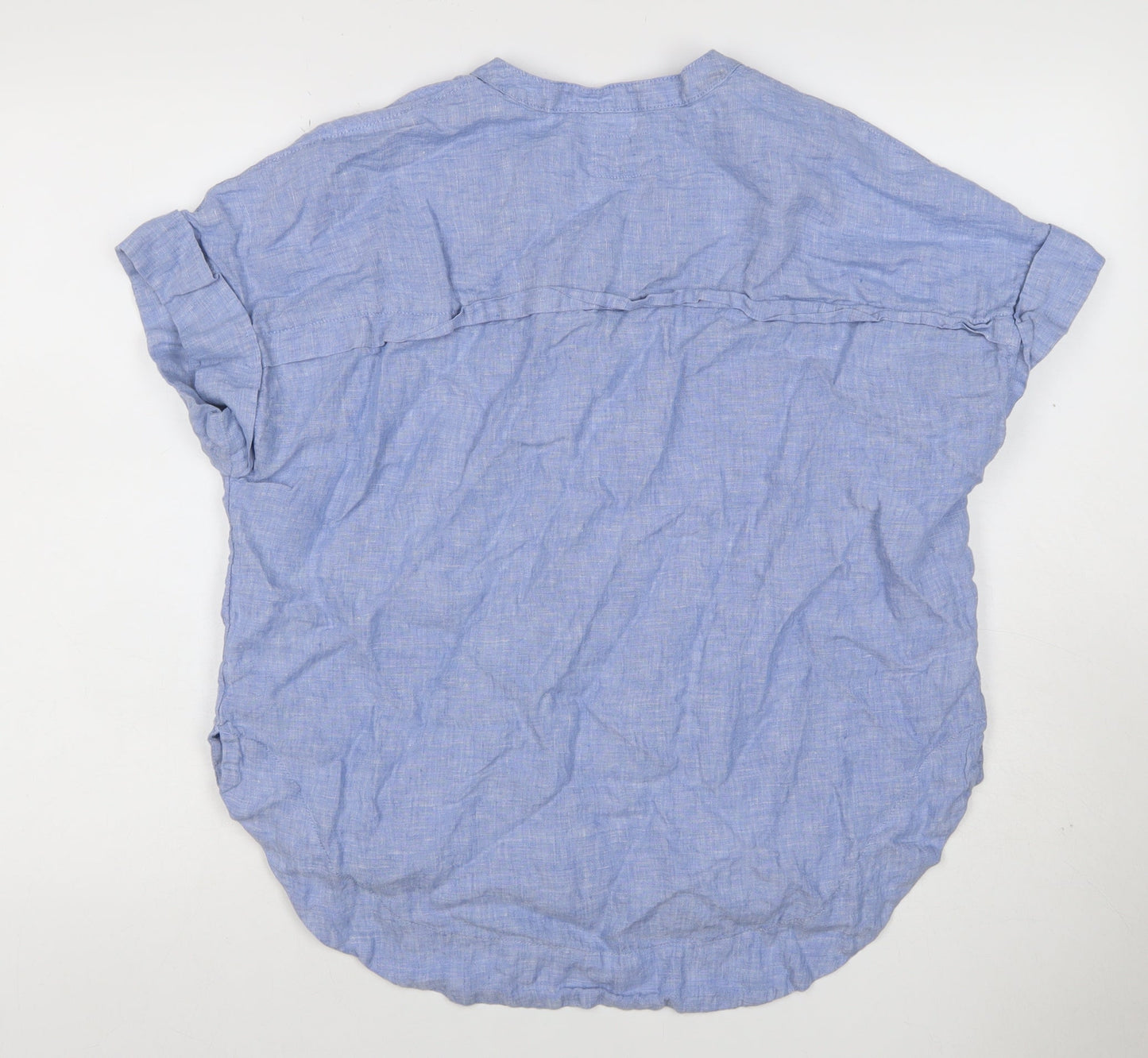 Marks and Spencer Womens Blue Linen Size 14 Short Sleeve Collared Blouse