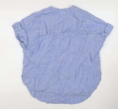 Marks and Spencer Womens Blue Linen Size 14 Short Sleeve Collared Blouse