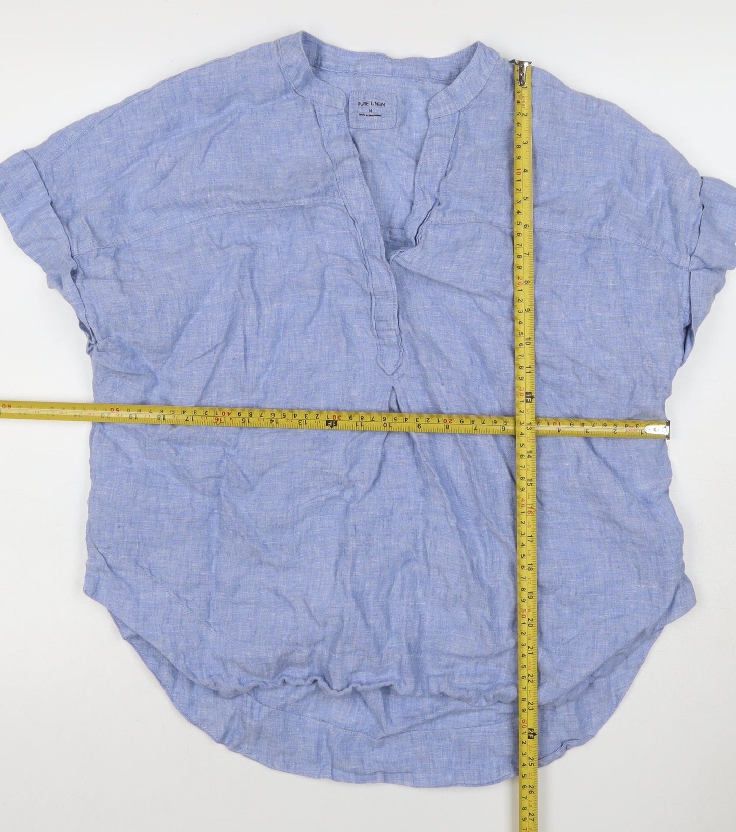 Marks and Spencer Womens Blue Linen Size 14 Short Sleeve Collared Blouse
