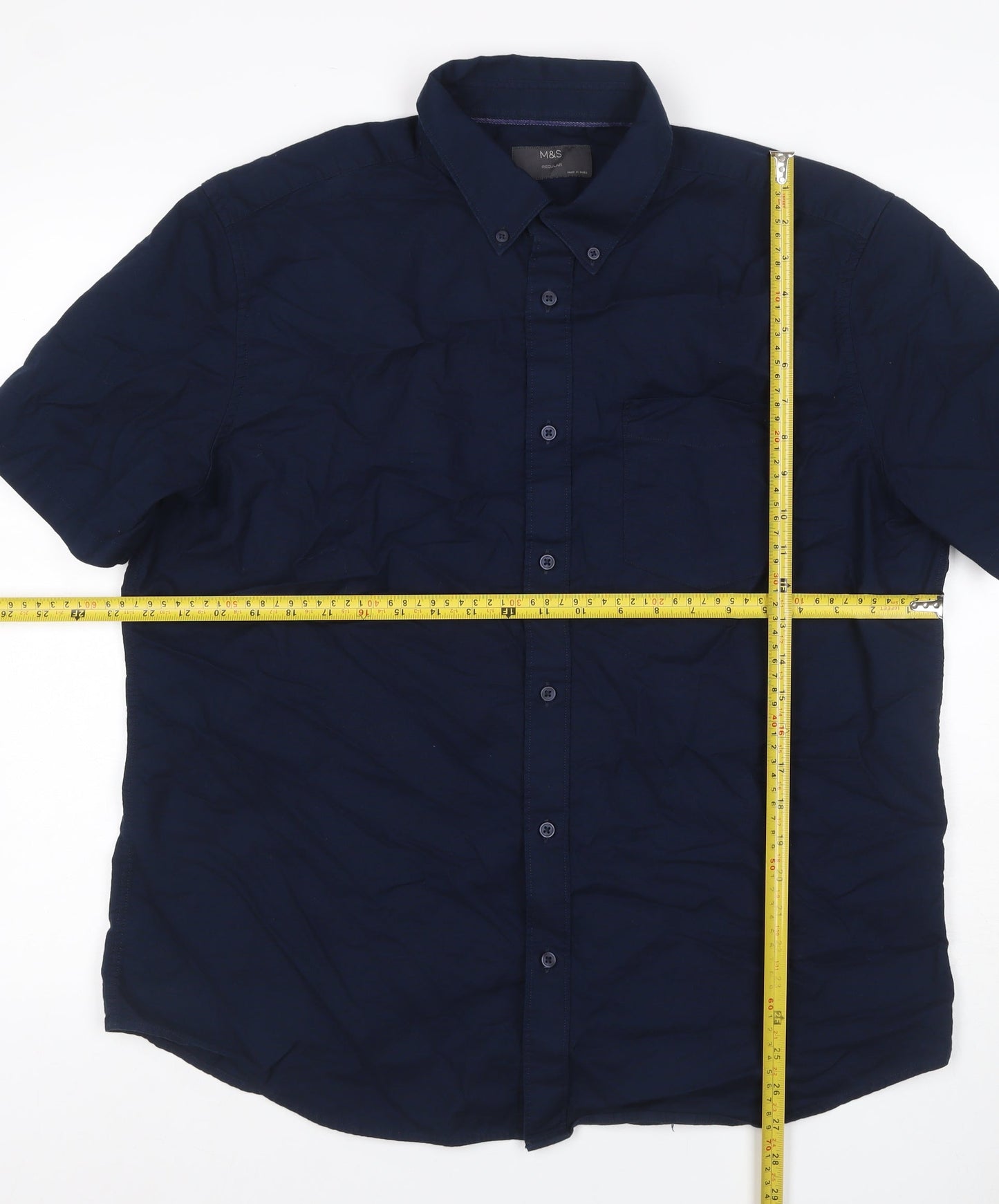 Marks and Spencer Men’s Navy Blue XL Regular Cotton Short Sleeve Shirt