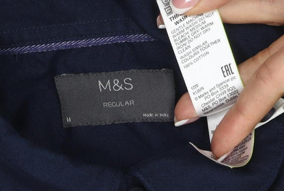 Marks and Spencer Men Navy M Regular Short Sleeve Button-Down Cotton Shirt