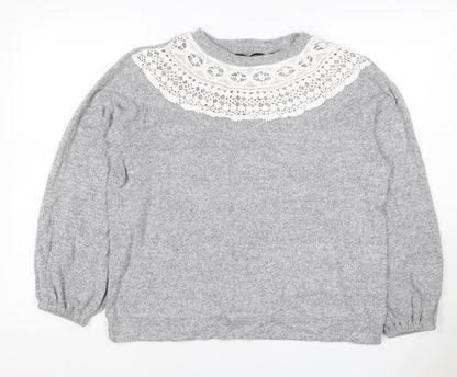 Dorothy Perkins Women Grey UK 14 Pullover Jumper Crochet Lace Balloon Sleeve
