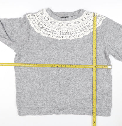Dorothy Perkins Women Grey UK 14 Pullover Jumper Crochet Lace Balloon Sleeve