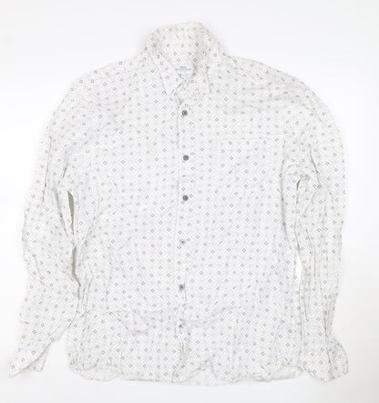 Next Men's White XL Geometric Print Long Sleeve Cotton Button-Up Shirt