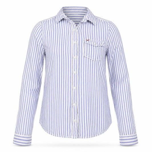 Hollister Women Blue Stripe Cotton Button-Up Shirt Size M Long Sleeve