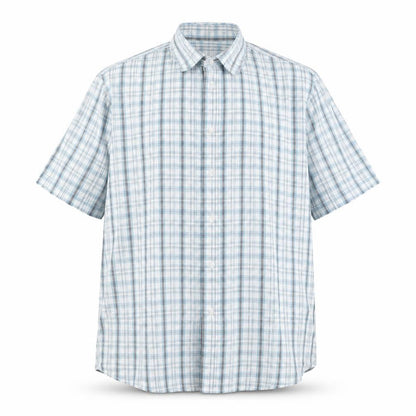 Front view of Taylor & Wright Men's Blue Check Short Sleeve Button-Up Shirt 2XL