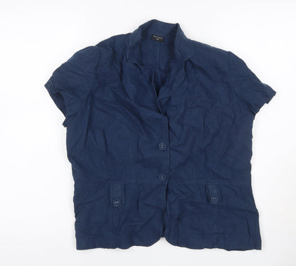 Ellie Louise Women Navy UK 14 Linen Blend Ruffle Button-Up Blouse