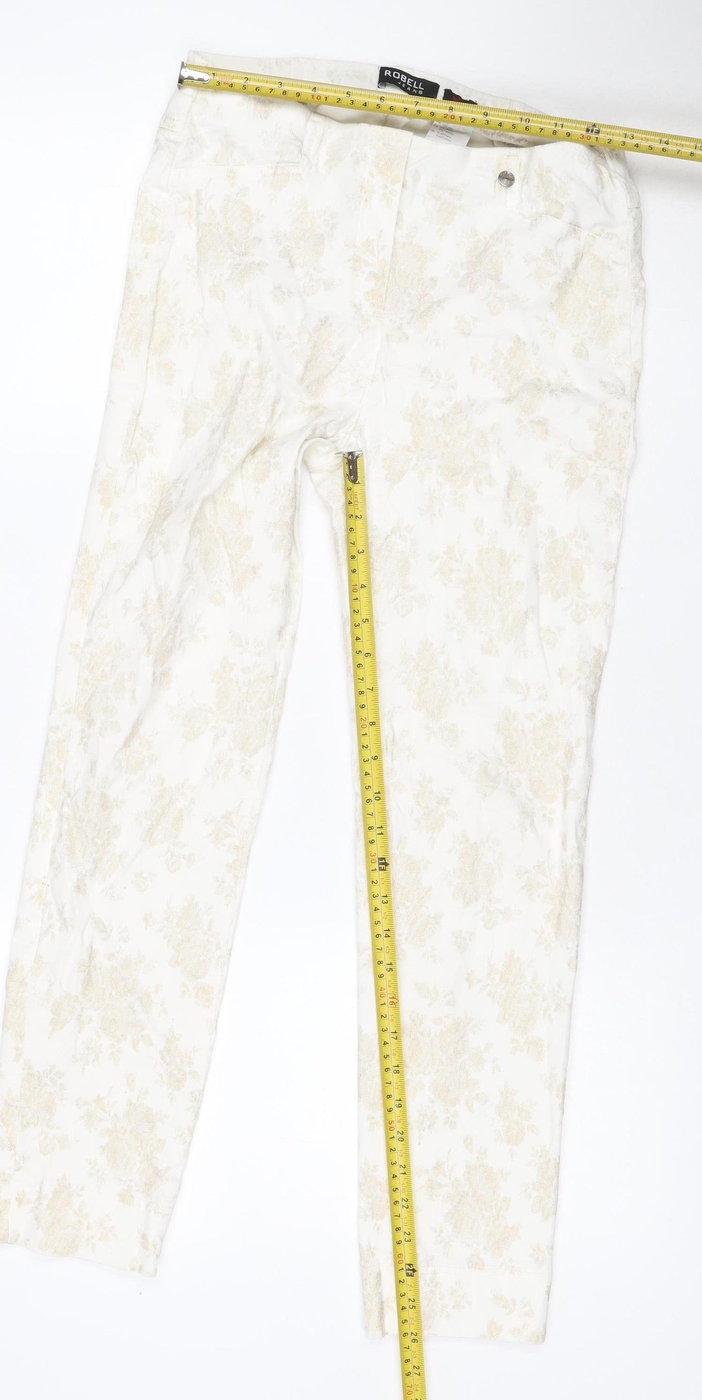 Robell Women’s Ivory Floral Stretch Trousers UK 10 Slim Straight Leg