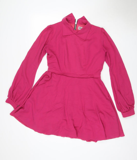 Lola's Women Pink M Skater Dress Long Balloon Sleeve Front Zip