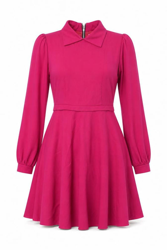 Lola's Women Pink M Skater Dress Long Balloon Sleeve Front Zip