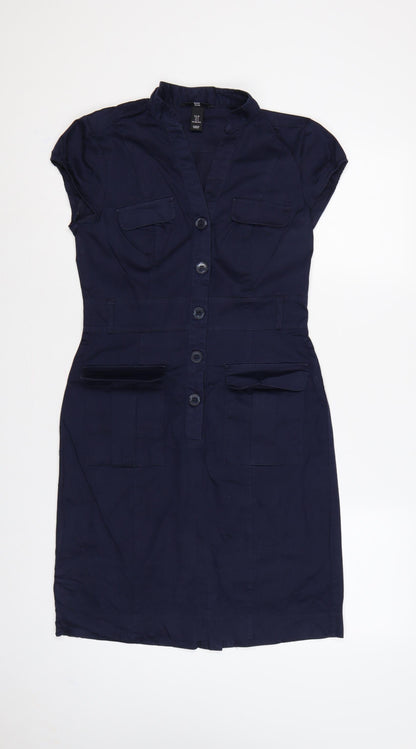 H&M Women Blue UK 8 Knee Length Shirt Dress Utility Button Cotton