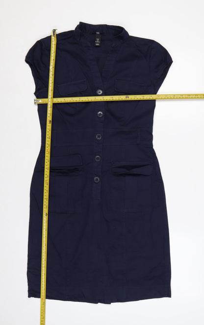 H&M Women Blue UK 8 Knee Length Shirt Dress Utility Button Cotton