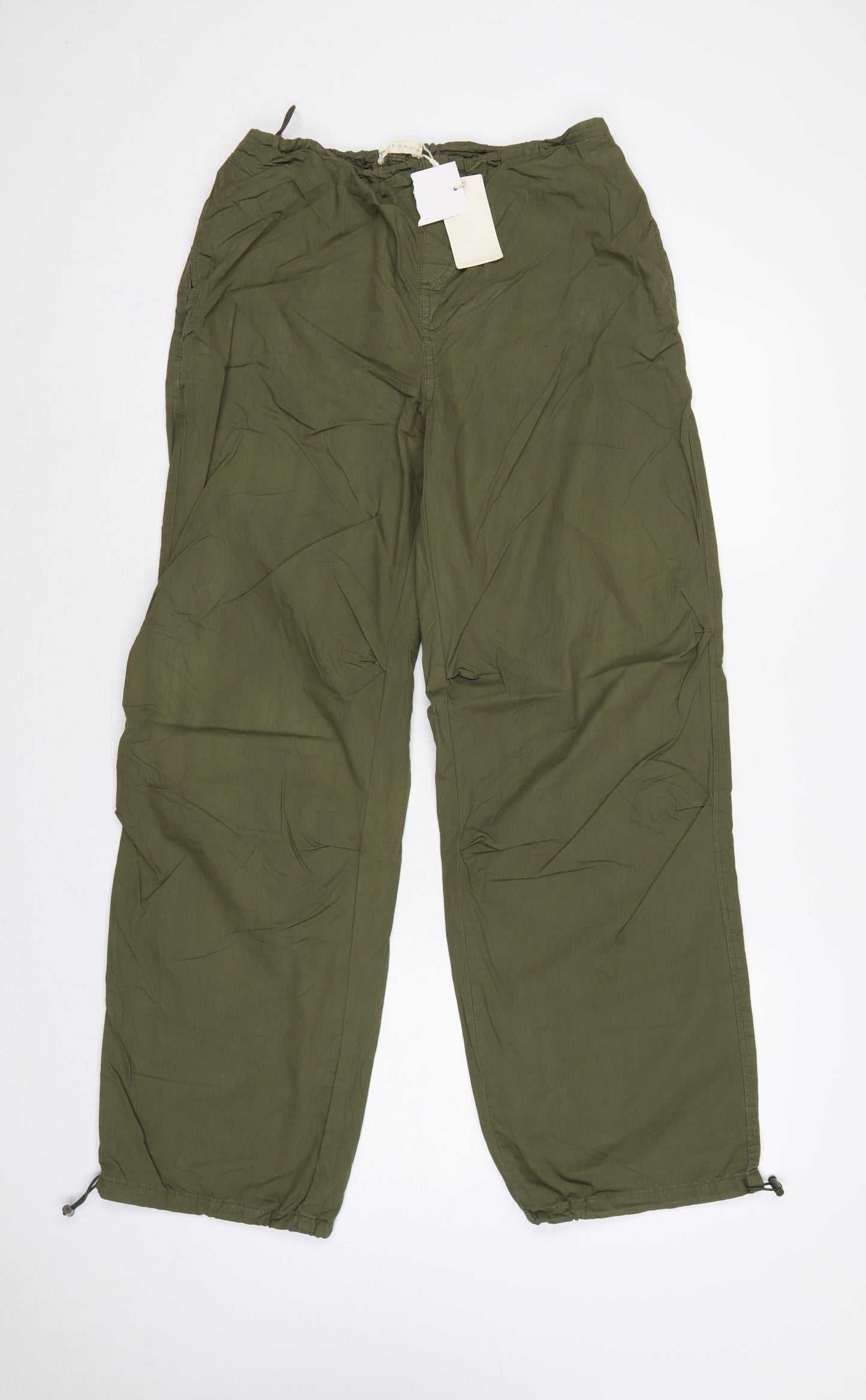 Stradivarius Women Green M Cotton Cargo Wide-Leg Drawstring Trousers