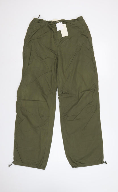 Stradivarius Women Green M Cotton Cargo Wide-Leg Drawstring Trousers