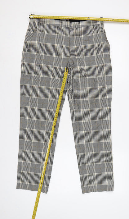 H&M Women Grey Check Tapered Dress Trousers UK 8 Stretch Pockets